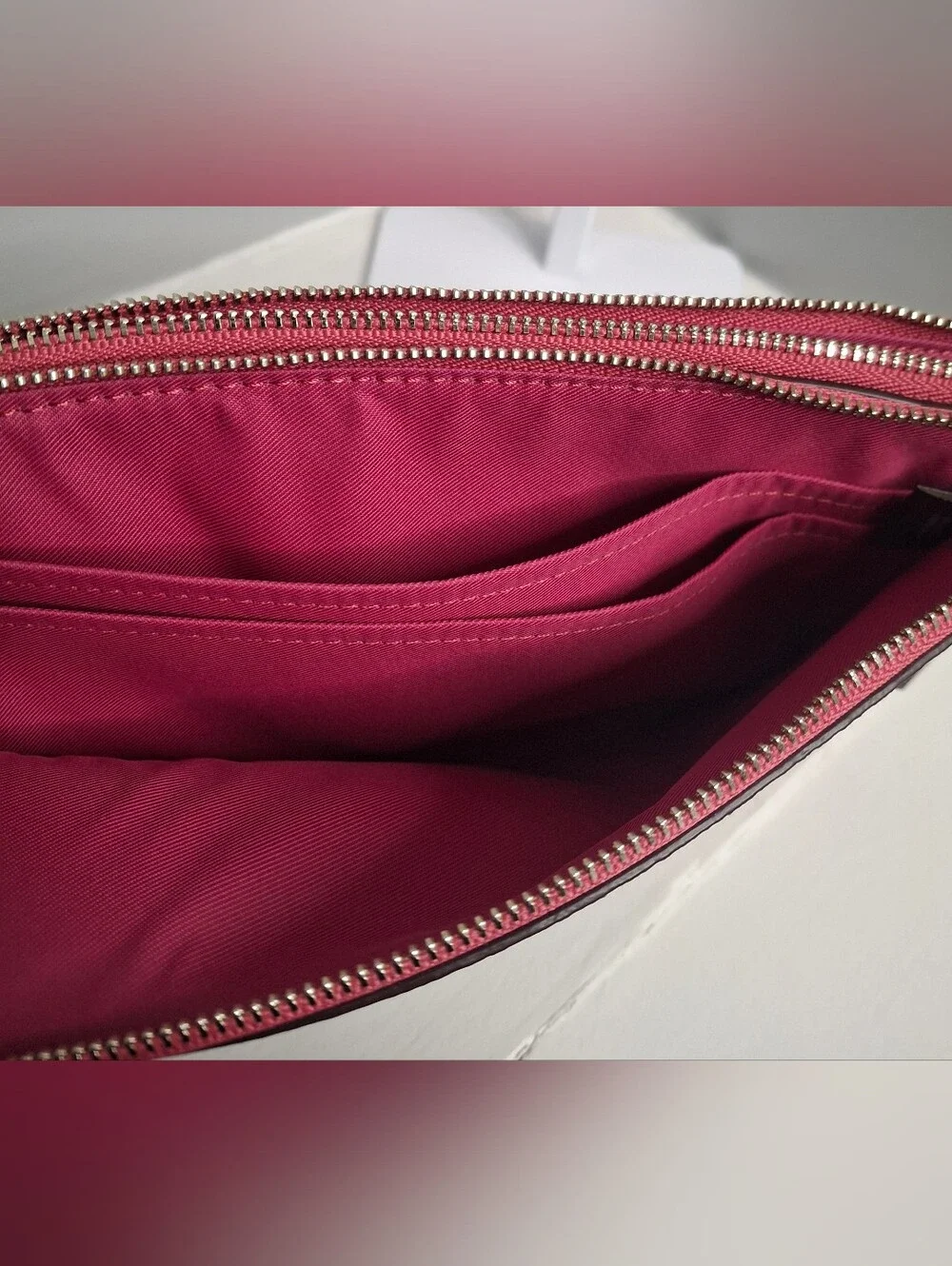 Coach Double Zip Wristlet Signature Canvas Khaki Fuchsia  EUC Like New